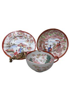 Vtg Japanese Kutani Porcelain Tea Cup Plate Set Hand Painted Geisha Girl Ware